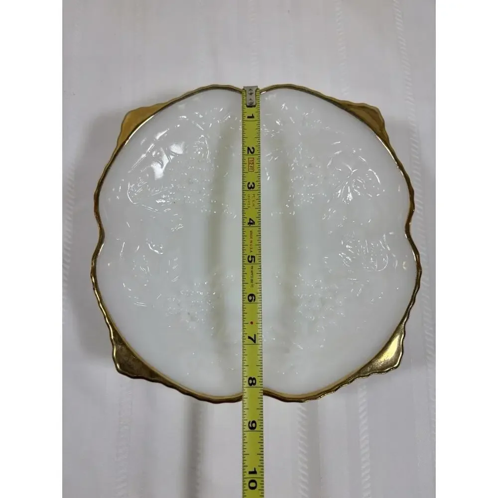 Anchor Hocking Milk Glass Harvest Grape Bowl w/ Gold Trim 9” Vintage